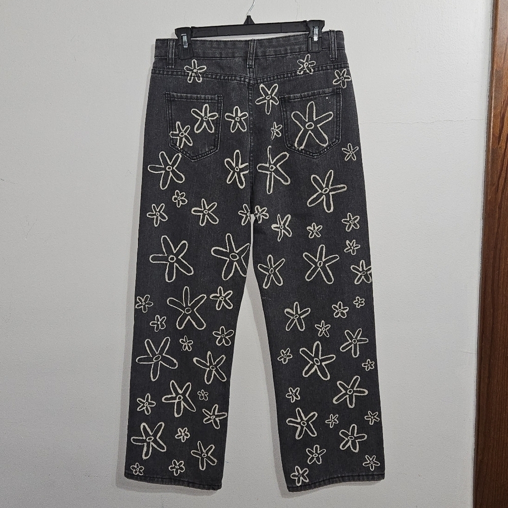 Black High Rise Wide Leg Painted Daisy Jeans. Not stretchy at all. 29" Waist. - Picture 2 of 4